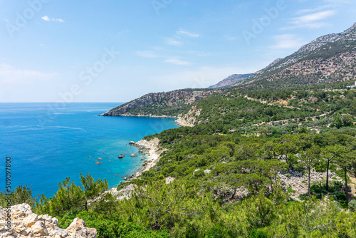 the scenic view of Karadere sandy beach near to the Patara beach divided by the esen river  Fethiye  Turkey