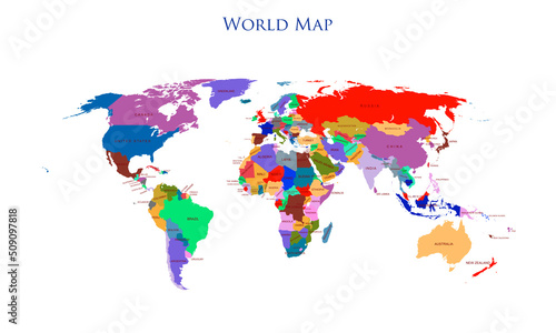 Colorful detailed world map with all countries and names illustration
