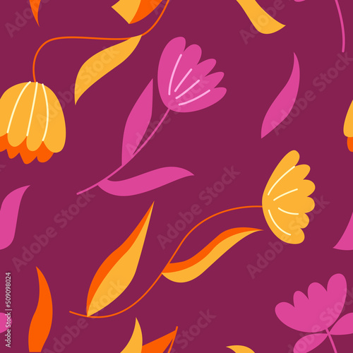 Vector seamless pattern with flowers and leaves on a purple Background. Elegant template for fashion prints.