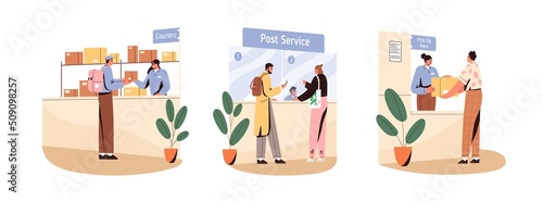 People in post offices interior, postal services set. Mail box delivery, sending and receiving parcels. Workers at counters, pick up points. Flat vector illustrations isolated on white background
