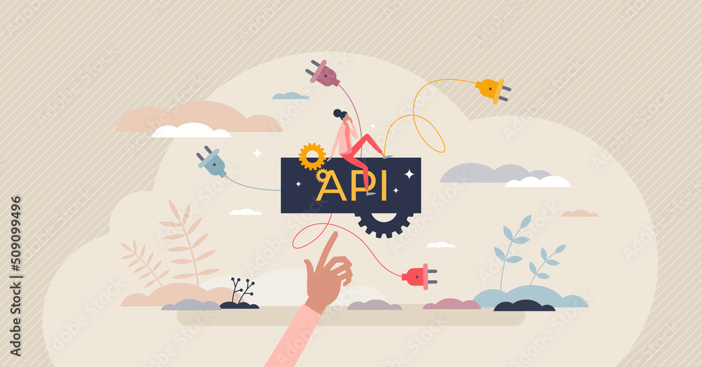 API as application programming interface for software mutual connection tiny person concept. Program language system and coding compound vector illustration. Technology for websites communication. API as application programming interface for software mutual connection tiny person concept. Program language system and coding compound vector illustration. Technology for websites communication.