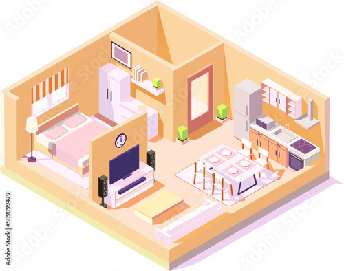 sometric house orange wall different rooms composition