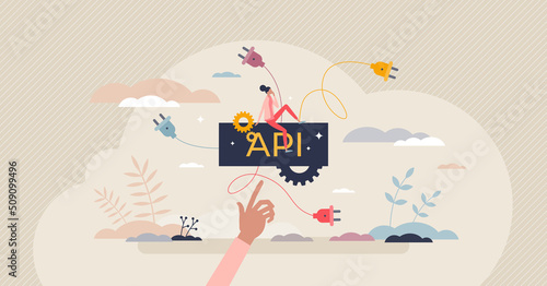 API as application programming interface for software mutual connection tiny person concept. Program language system and coding compound vector illustration. Technology for websites communication.