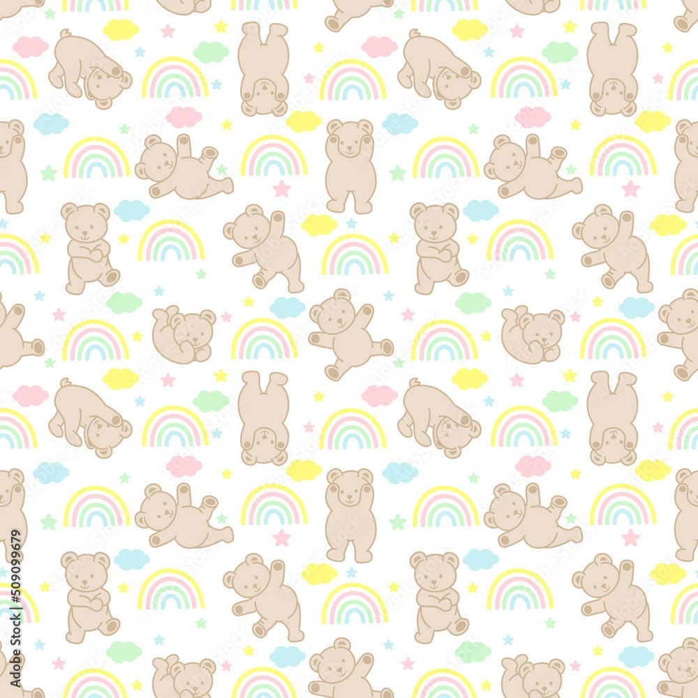 Seamless background pattern with cute baby teddy bear and rainbow
