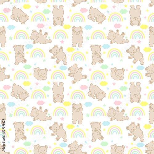 Fototapeta Naklejka Na Ścianę i Meble -  Seamless background pattern with cute baby teddy bear and rainbow
