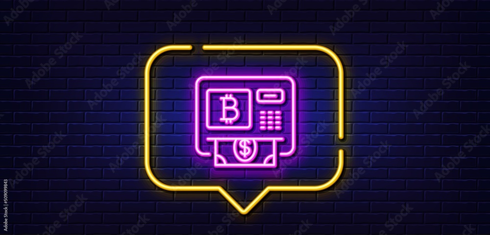 Neon light speech bubble. Bitcoin ATM line icon. Cryptocurrency cash sign. Dollar money symbol. Neon light background. Bitcoin atm glow line. Brick wall banner. Vector Neon light speech bubble. Bitcoin ATM line icon. Cryptocurrency cash sign. Dollar money symbol. Neon light background. Bitcoin atm glow line. Brick wall banner. Vector