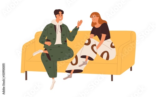 Man and woman friends sitting on sofa, chatting. Happy smiling people, couple talking, laughing, relaxing on couch together. Funny dialog. Flat graphic vector illustration isolated on white background
