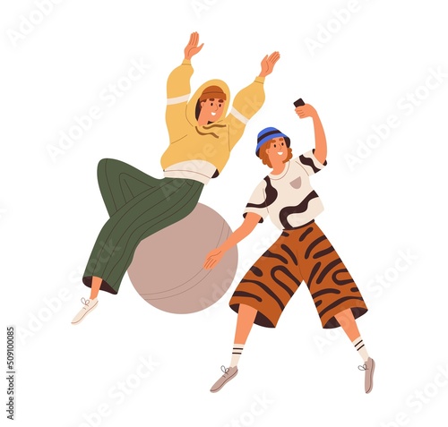 Happy young man and woman having fun, taking selfie photo with phone. Friends fooling, laughing, recording funny video for social media. Flat graphic vector illustration isolated on white background