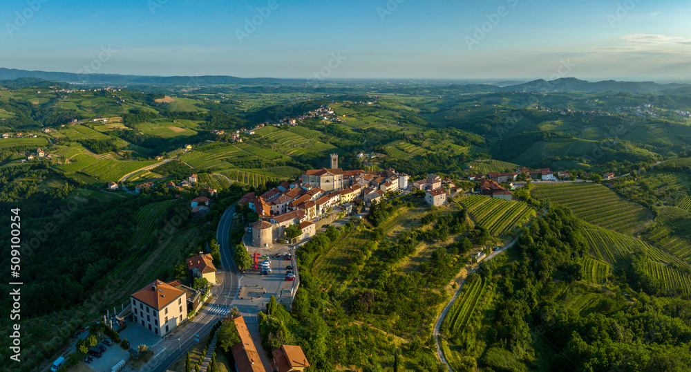 Fortified medieval village Smartno in Goriska Brda and landscape with vineyards, Slovenia - obrazy, fototapety, plakaty 