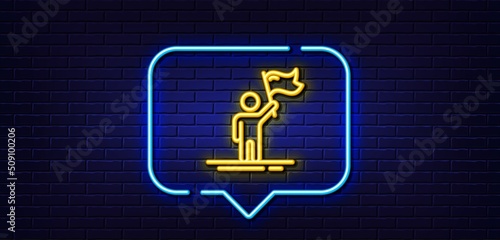 Neon light speech bubble. Leadership line icon. Success flag sign. Winner symbol. Neon light background. Leadership glow line. Brick wall banner. Vector