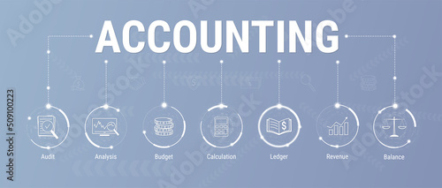 Accounting and finance icon set. Accounting web Banner with keywords. Business concept. Set of accounting icons, Audit, Analysis, Budget, Ledger, Revenue, Calculation, Balance. Vector Illustration.