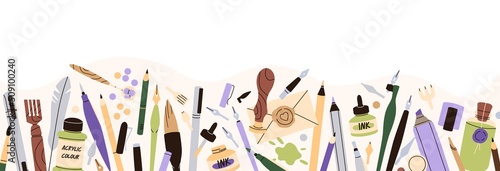 Calligraphy tools, supplies border. Ad banner design with art accessories for creative handwriting class promotion. Hand writing stationery background. Flat vector illustration isolated on white