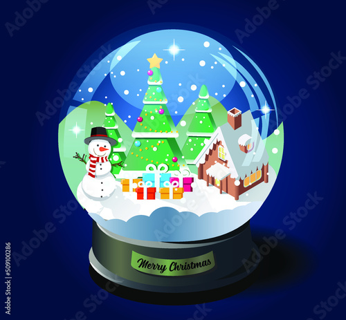 Merry christmas crystal ball with christmas tree, house and snowman isometric vector illustration.