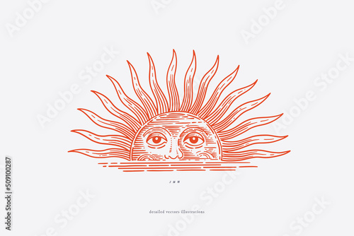 Red rising sun with face in engraving style. Hand-drawn old astrological symbol. Template for design postcard, logo, label. Vintage illustration.