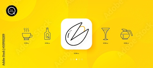 Coffeepot, Martini glass and Espresso minimal line icons. Yellow abstract background. Pistachio nut, Alcohol free icons. For web, application, printing. Brewed coffee, Wine, Hot drink. Vector
