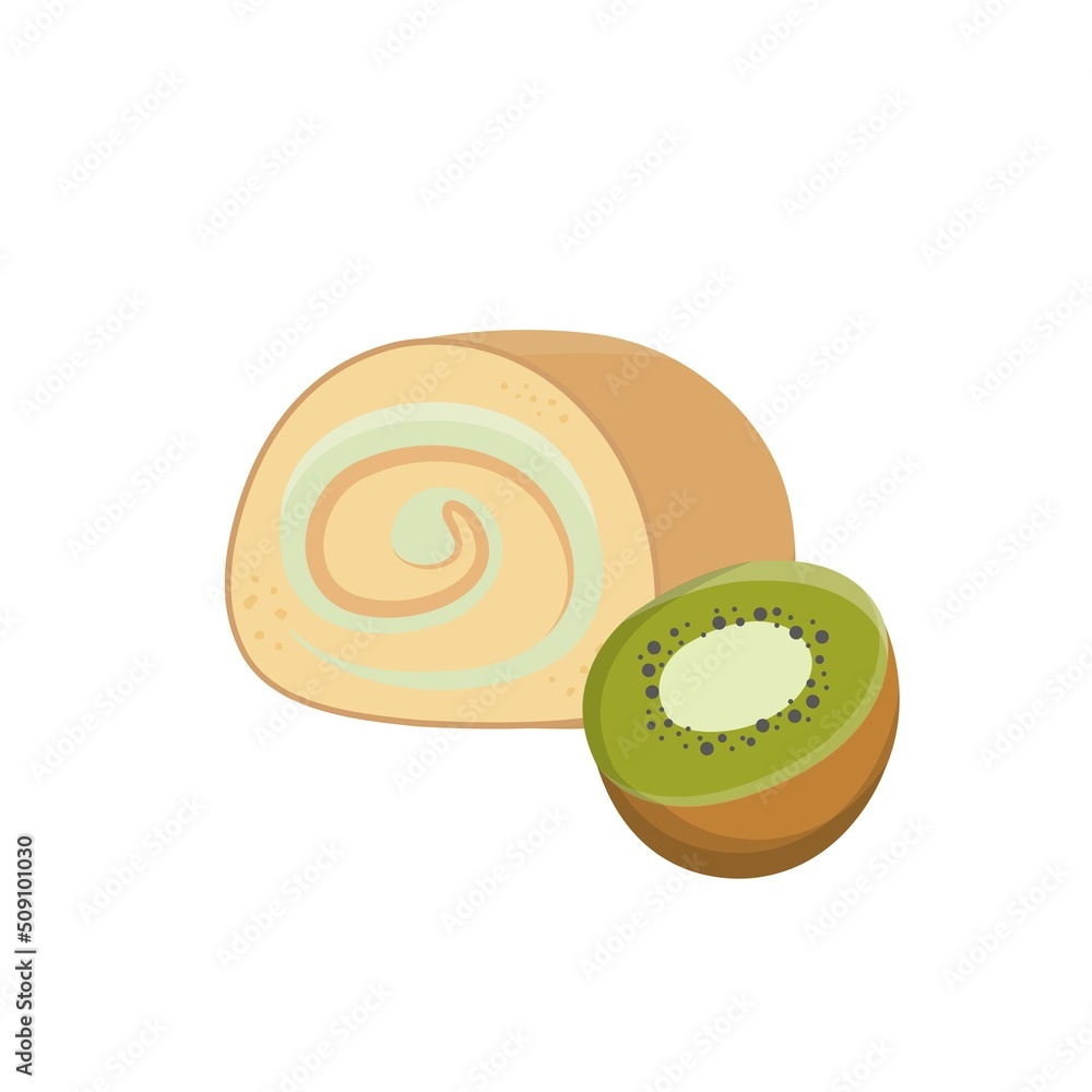 Obraz premium Cake roll with kiwi fruit flavor and cream, high calorie delicious sweet dessert, vector illustration style, isolated on white background