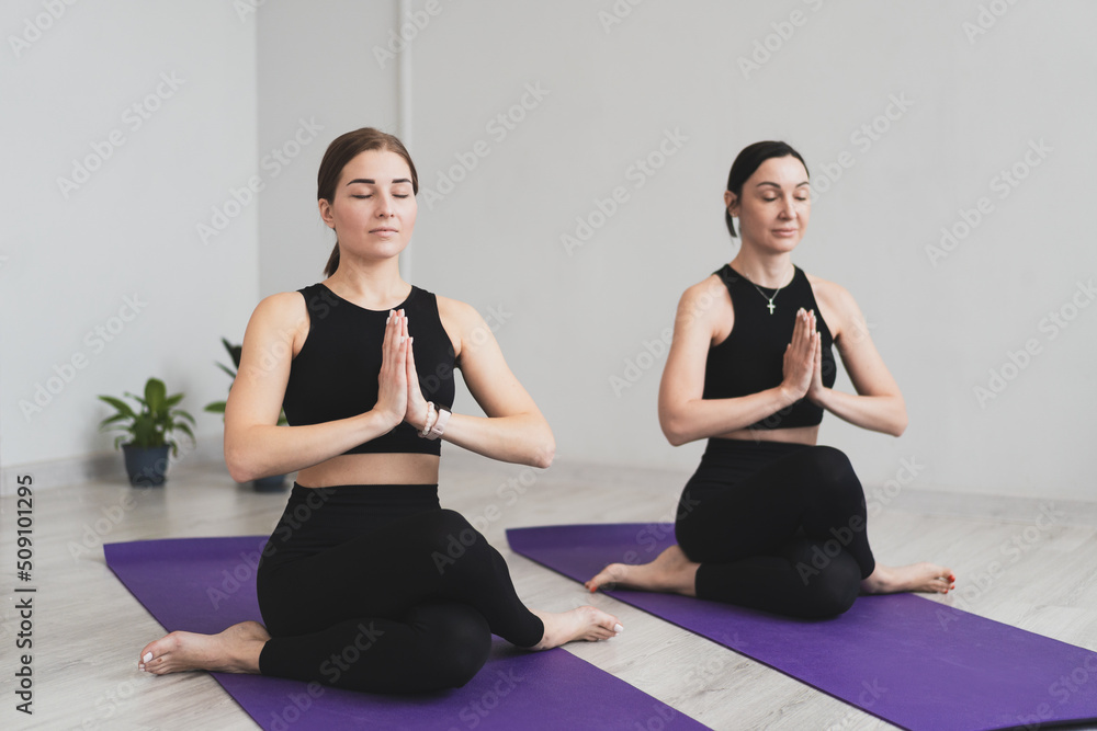 Fototapeta premium Two charming sports women, do yoga poses, meditate, do stretching exercises