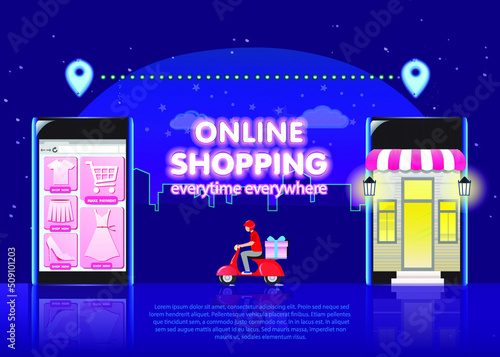Flat design shopping online and delivery by scooter landing page 