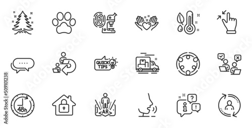 Outline set of Online voting, Touchscreen gesture and Lock line icons for web application. Talk, information, delivery truck outline icon. Include Dots message, Thermometer, User info icons. Vector
