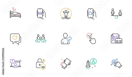 Touchscreen gesture, Vacancy and Startup line icons for website, printing. Collection of Sleep, Online question, Refer friend icons. Heart, Recovered person, Equity web elements. Vector