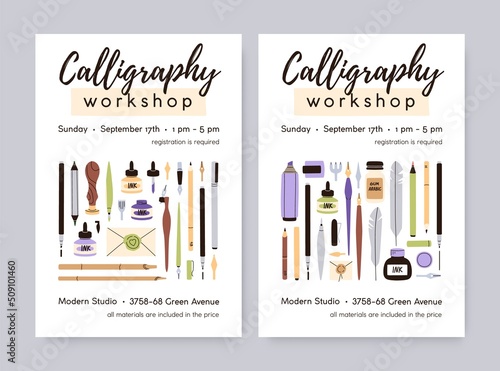 Calligraphy art workshop ad cards templates. Vertical promo backgrounds with lettering craft supplies. Handwriting class promotion flyers designs with tools. Colored flat vector illustration