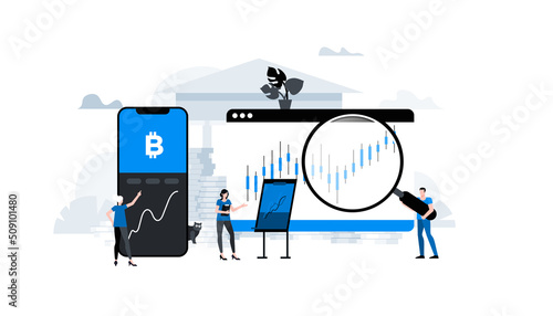Flat vector illustration. Animation ready duik friendly vector. Conceptual business story. Cryptocurrency exchange, blockchain technology, bitcoin, cryptocurrency mining, digital money market.