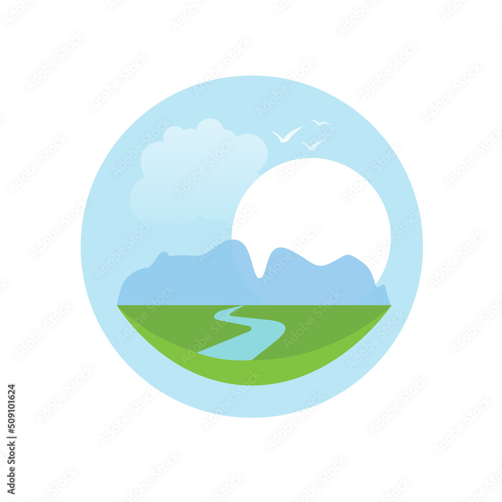 River bend logo vector in paradise valley nature or calm peaceful creek mountains landscape in circle logotype modern graphic design, national forest park sign idea green blue color image