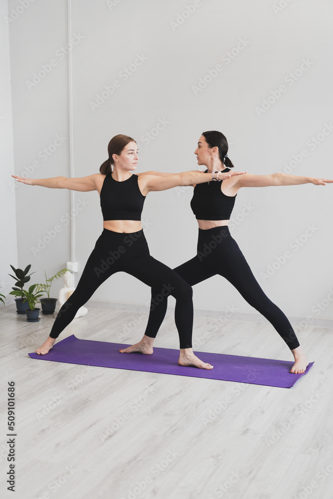 Naklejka premium Two charming sports women, do yoga poses, meditate, do stretching exercises
