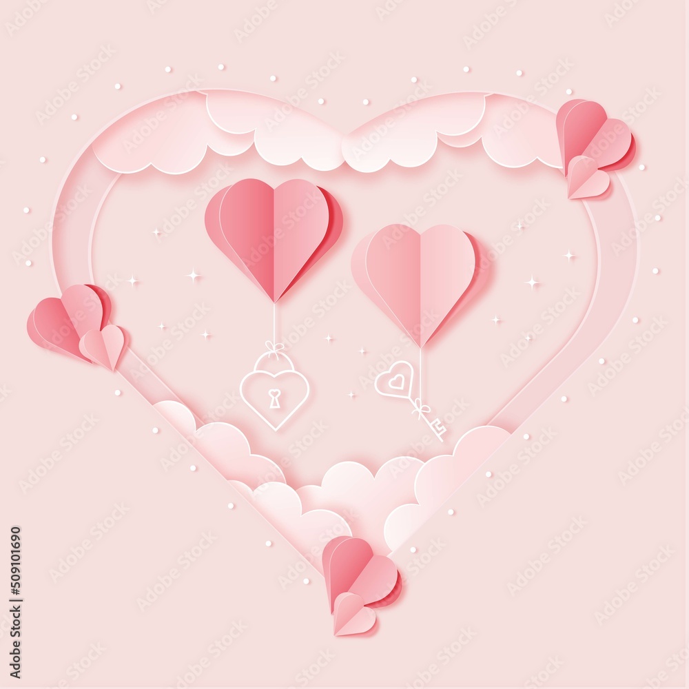 Vector symbols of love with key and lock  for Valentine's Day in style paper cut. Greeting card design on pink background.