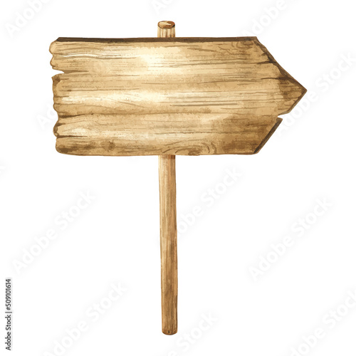 The wooden pointer is painted in watercolor. Wooden signboard for copying space. Textured wood background with watercolor hand-painted.
