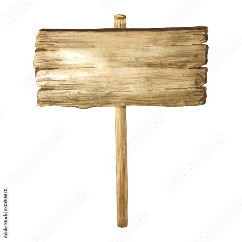 The wooden pointer is painted in watercolor. Wooden signboard for copying space. Textured wood background with watercolor hand-painted.