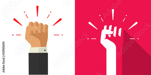 Fist power hand raised up vector as revolution protest or strong win punch of freedom force shape silhouette and flat cartoon illustration, rebel victory graphic or revolt riot demonstration image