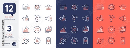 Set of Report timer, Piggy bank and Loan percent line icons. Include Report document, Mint leaves, Chemical formula icons. Augmented reality, Shop cart, Calendar web elements. Loud sound. Vector