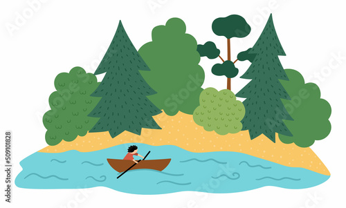 Vector river and forest landscape. Environment friendly concept with trees  lake  boat. Ecological or outdoor camping illustration. Cute earth day scene