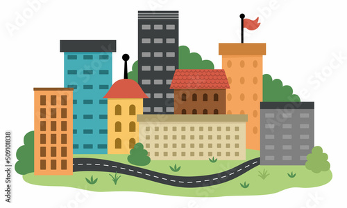 Vector eco city icon. Environment friendly home concept with trees and buildings. Ecological town lifestyle illustration. Cute earth day landscape or scene .