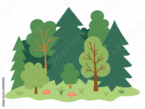 Vector forest landscape. Environment friendly concept with trees, flowers and bushes. Ecological or outdoor camping illustration. Cute earth day scene with plants.