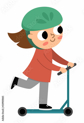 Girl riding a scooter in helmet icon. Cute eco friendly kid. Child using alternative transport. Earth day or healthy lifestyle concept.