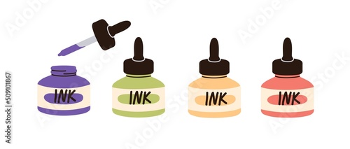 Ink bottles of different color, tincture. Open and closed containers with calligraphy essence, dropper, pipette. Flat vector illustration isolated on white background