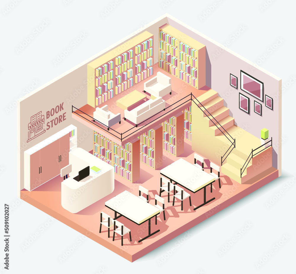 isometric interior of bookstore or library. vector illustration 