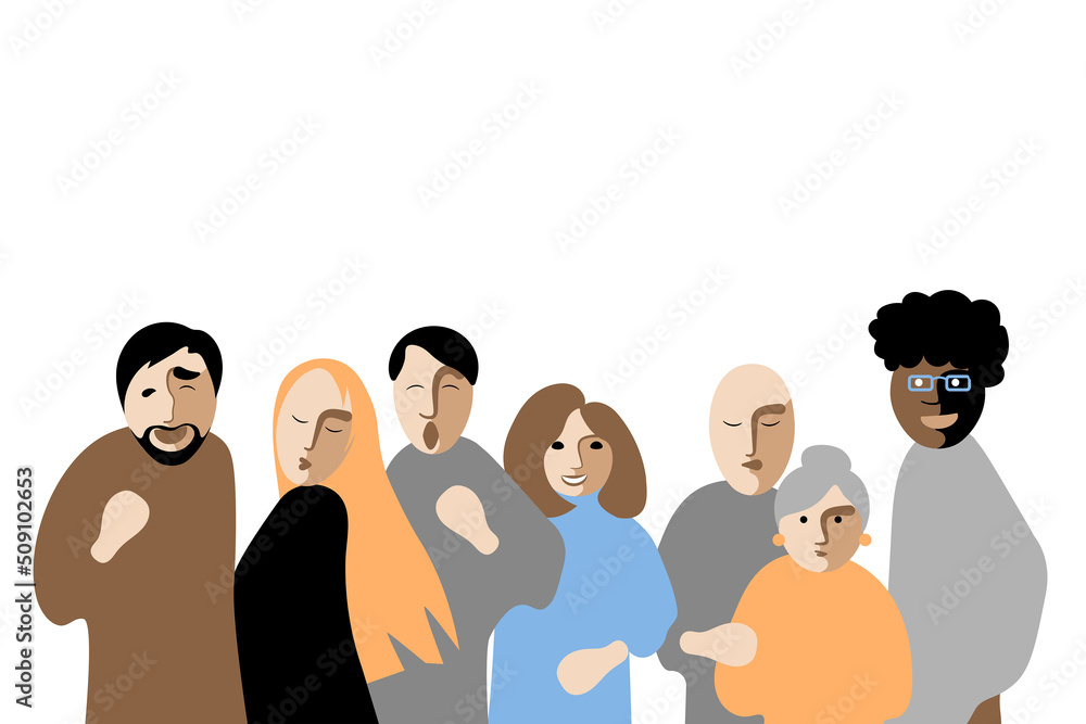 Group of people of different nationalities, cultures and ages, standing together, isolated on white background. Vector illustration. Group of people of different nationalities, cultures and ages, standing together, isolated on white background. Vector illustration.