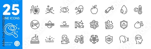 Outline icons set. Health eye, No smoking and Eye protection icons. Moisturizing cream, Shield, Medical syringe web elements. Vision test, Uv protection, Sick man signs. Eco organic. Vector