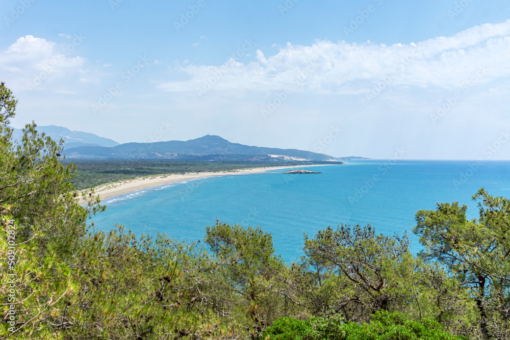 the scenic view of Karadere sandy beach near to the Patara beach divided by the esen river, Fethiye, Turkey