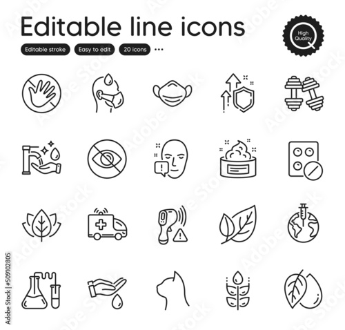 Set of Healthcare outline icons. Contains icons as Skin cream  Not looking and Dumbbells elements. Pandemic vaccine  Wash hands  Leaf web signs. Medical mask  Ambulance car. Vector