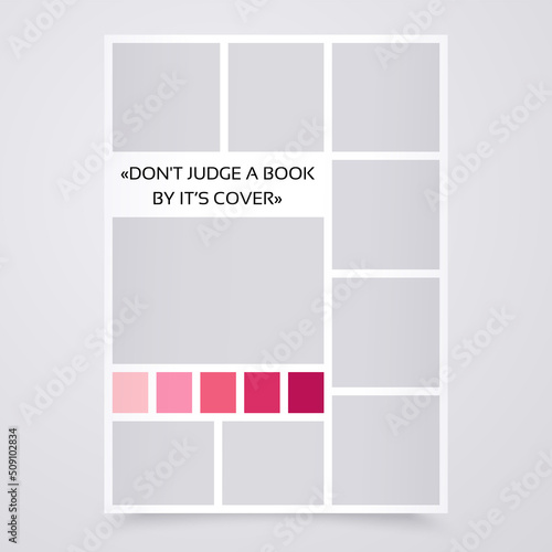 Moodboard grid. Photo collage template. Mood board banner. Mosaic scrapbook frames. Album layout. Photomontage pictures with colour palette, quote. Vertical design gallery mockup. Vector illustration.