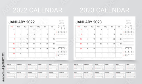 Calendar for 2022 2023 years. Planner calender template. Week starts Sunday. Yearly stationery organizer with 12 month. Table schedule grid. Horizontal monthly diary layout. Vector simple illustration
