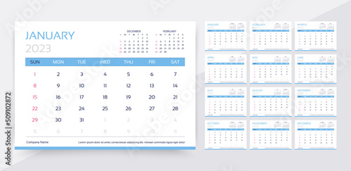 Calendar for 2023 year. Planner calender template. Week starts Sunday. Yearly organizer with 12 month. Table schedule grid. Horizontal monthly diary. Desk timetable layout. Vector simple illustration photo
