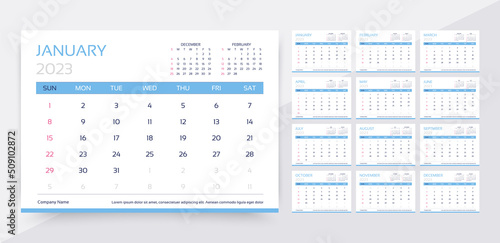 Calendar for 2023 year. Planner calender template. Week starts Sunday. Yearly organizer with 12 month. Table schedule grid. Horizontal monthly diary. Desk timetable layout. Vector simple illustration