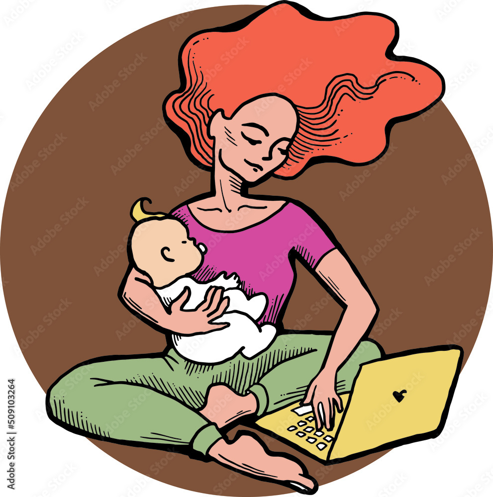 Woman with baby on arms working remote at laptop. Freelancer mom with child works from home office. Hand drawn retro vintage colourful vector illustration. Comic cartoon style drawing. Woman with baby on arms working remote at laptop. Freelancer mom with child works from home office. Hand drawn retro vintage colourful vector illustration. Comic cartoon style drawing.
