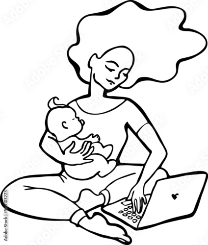 Woman with baby on arms working remote at laptop. Freelancer mom with child works from home office. Hand drawn comic cartoon style vector illustration. Simple black line drawing.