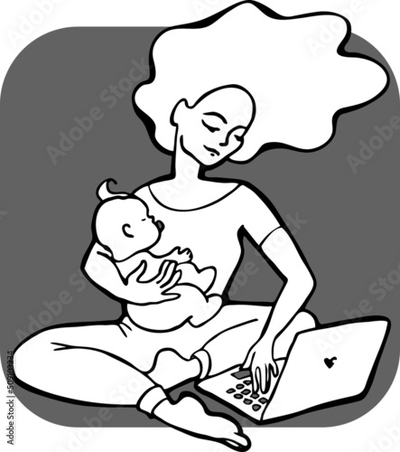 Woman with baby on arms working remote at laptop. Freelancer mom with child works from home office. Hand drawn monochrome vector illustration. Comic cartoon style drawing.